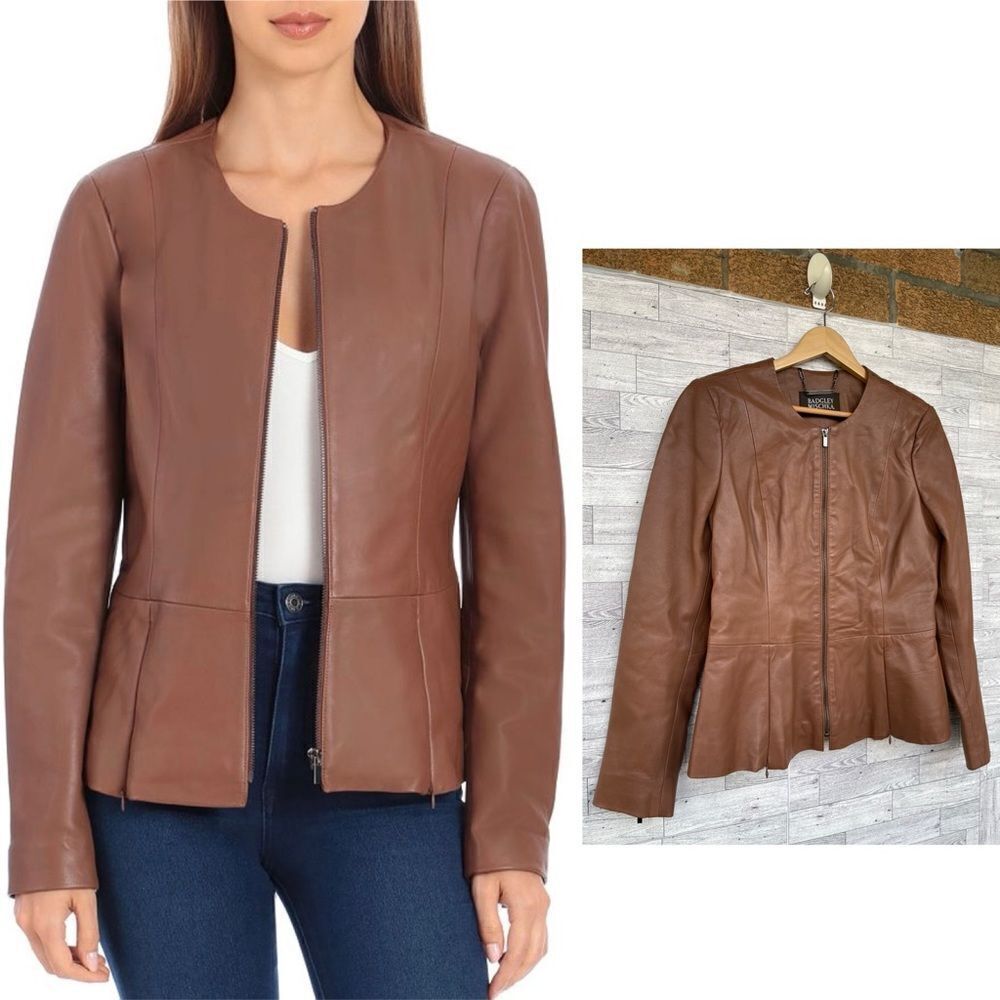 Badgley Mischka
Peplum Leather Jacket in cognac size medium